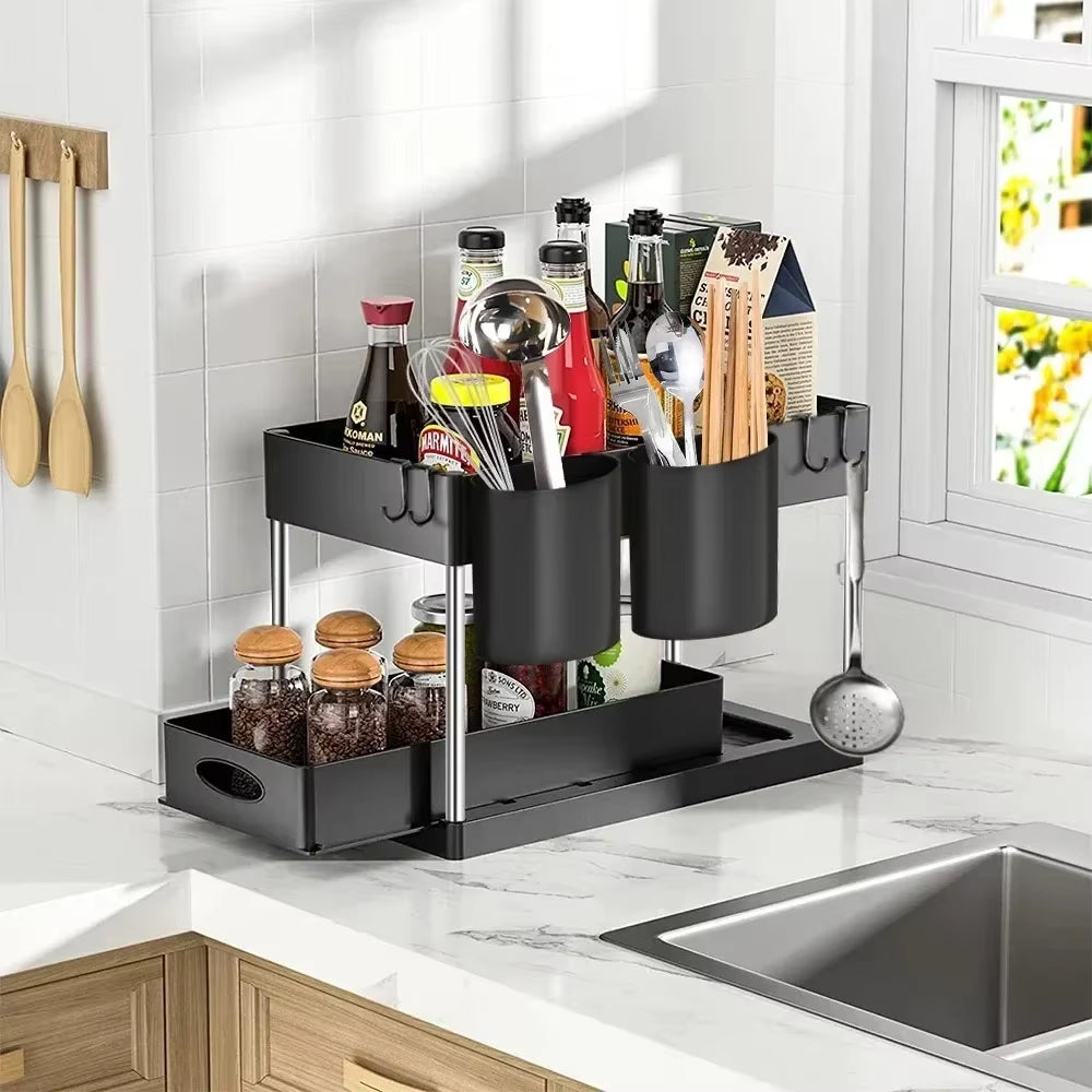 2 Tier under Sink Organizer Sliding Cabinet Basket Organizer Storage Rack with Hooks Hanging Cup Bathroom Kitchen Organizer