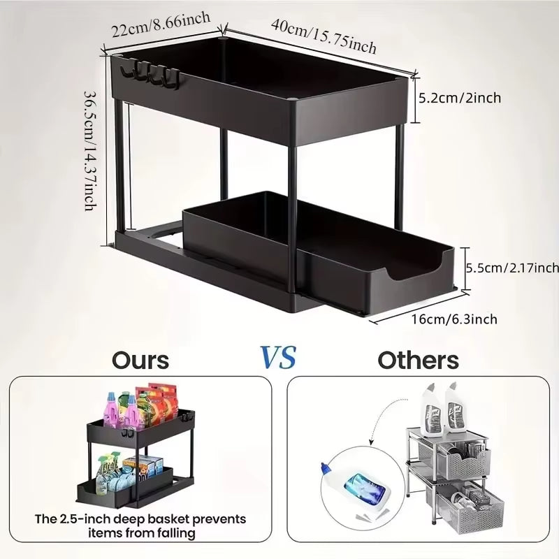 2 Tier under Sink Organizer Sliding Cabinet Basket Organizer Storage Rack with Hooks Hanging Cup Bathroom Kitchen Organizer