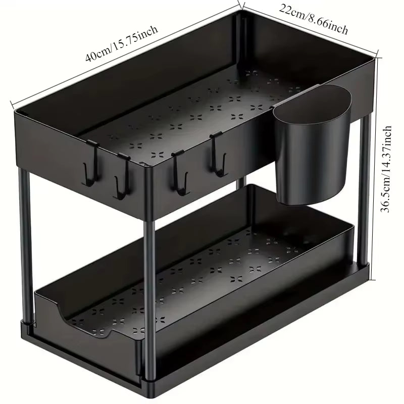 2 Tier under Sink Organizer Sliding Cabinet Basket Organizer Storage Rack with Hooks Hanging Cup Bathroom Kitchen Organizer